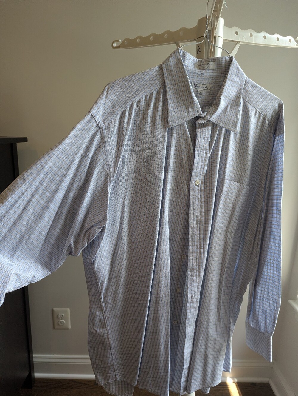 Faconnable Vintage Mens 18 1/2 Blue Tan Check Button Down Dress Shirt Made in US